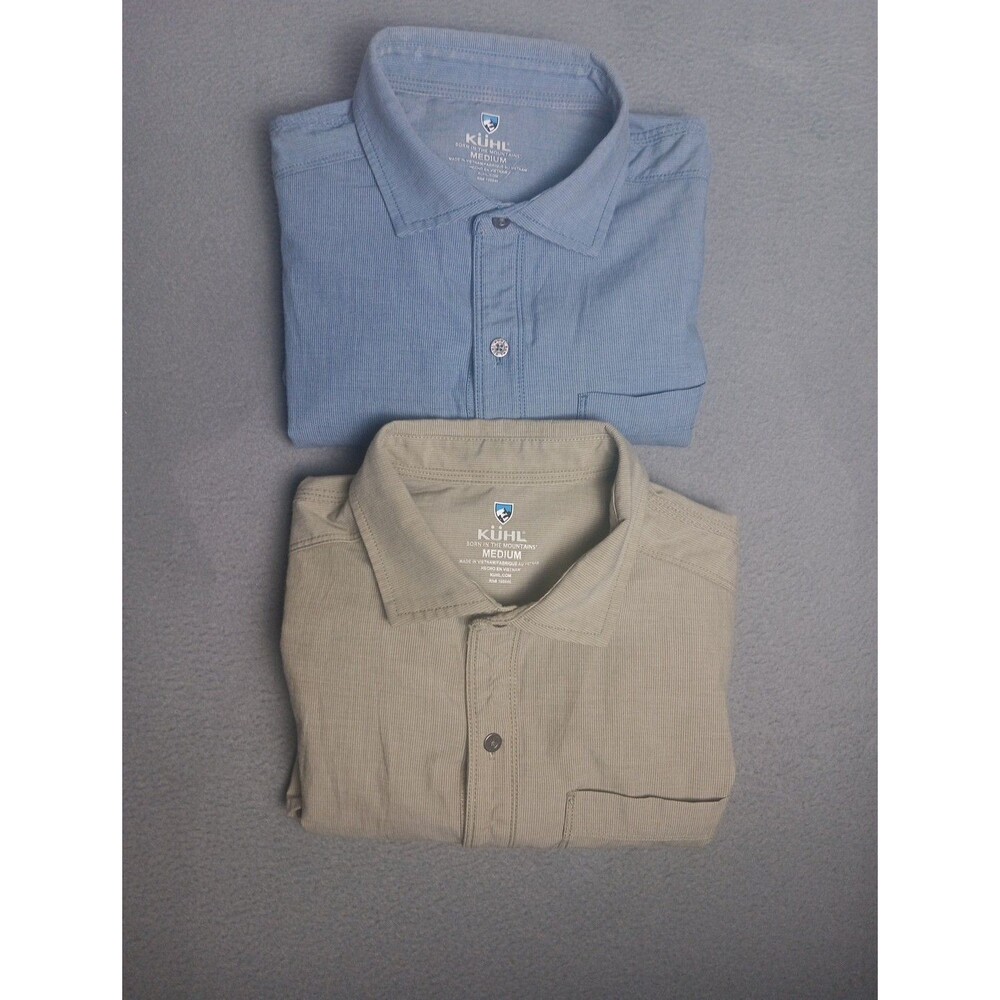 2 Mens Kuhl Rivaera Long Sleeve Button Down Shirt MEDIUM  TAN AND BLUE- EUC